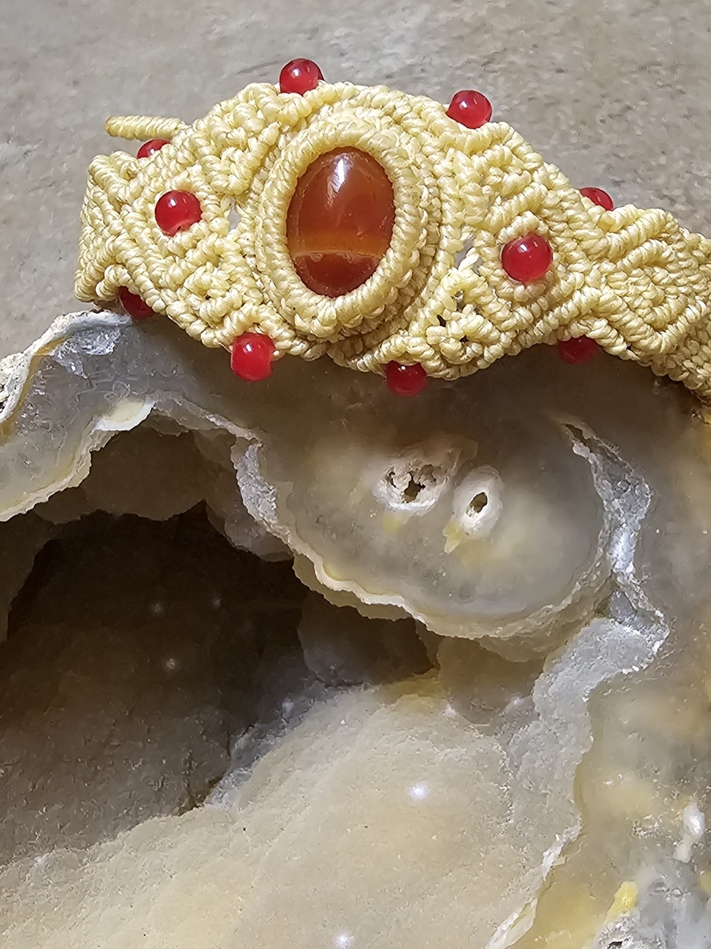 Creme Collored Macramé Bracelet with Carnelian Center and Red Coral Accents